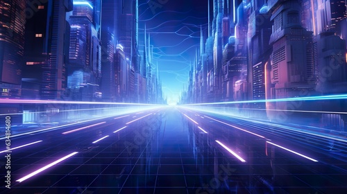 futuristic glowing neon city, cyberpunk purple and blue colours, future speedway or highway concept, tech design, generative ai