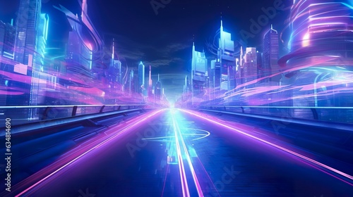 futuristic glowing neon city, cyberpunk purple and blue colours, future speedway or highway concept, tech design, generative ai