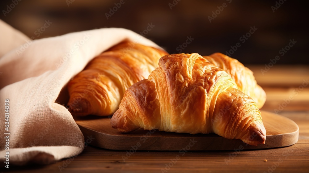 fresh french crusty croissants on wooden table, generative fresh french crusty croissants on wooden table, generative