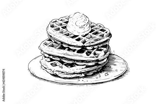 Waffles with ice cream hand drawn ink sketch. Engraving style vector illustration.