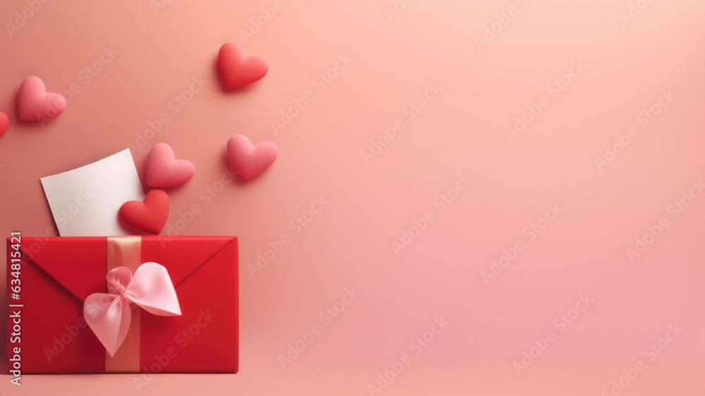 Red gift box open with paper and hearts on a pink background, layout for best wishes and party celebration background with copy space for text