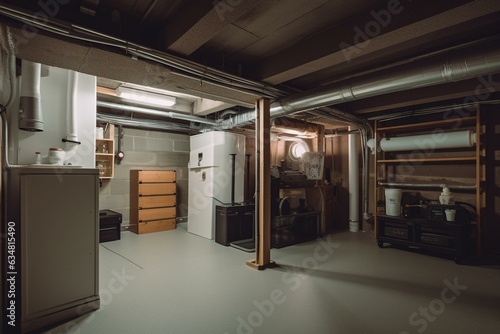 Basement upgraded with energy-efficient improvements like encapsulation, thermoregulatory blankets, radon mitigation system, and visible pipes. Generative AI
