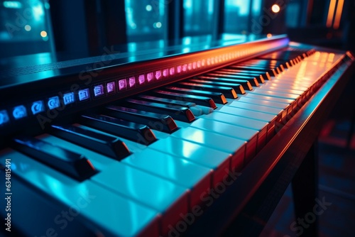 A dynamic backdrop featuring a vibrant piano keyboard illuminated by glowing lights. Generative AI