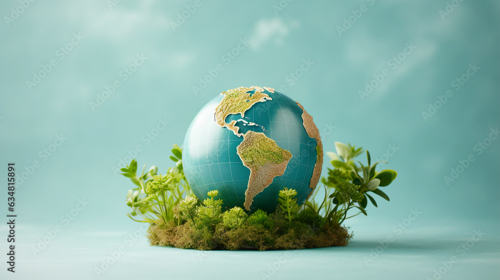 Planet earth with green leaves on blue background. Planet earth with green leaves on blue background.