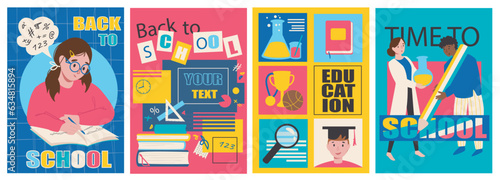 Back to school cover brochure set in trendy flat design. Poster templates with schoolgirl doing homework, books and stationery, different lessons and science, teacher and pupil. Vector illustration.