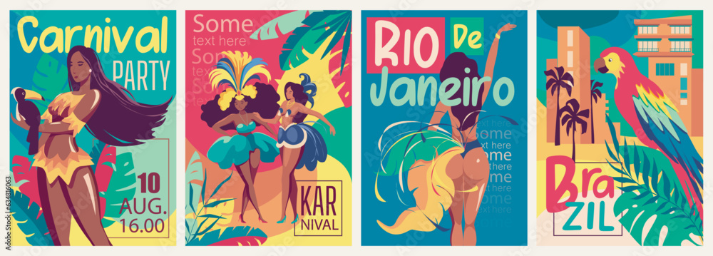 Brazil carnaval cover brochure set in trendy flat design. Poster templates with woman in bright festival costumes, palms and parrots decoration, invitations to traditional event. Vector illustration.