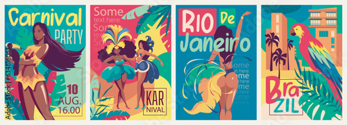 Brazil carnaval cover brochure set in trendy flat design. Poster templates with woman in bright festival costumes, palms and parrots decoration, invitations to traditional event. Vector illustration.