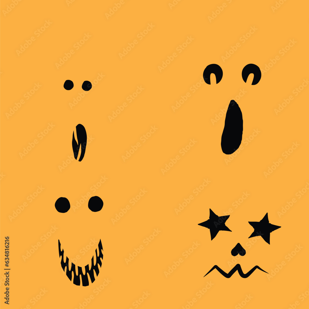 Fototapeta premium Halloween set of silhouettes for pumpkin character creation. Halloween pumpkin collection, shapes, eyes, noses, emotions, creepy and spooky elements decoration. Vector.