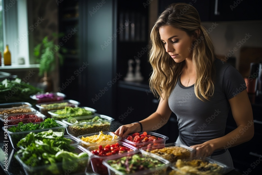 Woman Packing Food into Tupperware for an Organized Week. AI