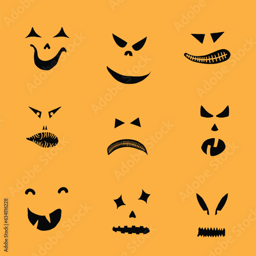 Monsters and creatures carving templates emotion face for Halloween Holidays. Cartoon faces, expressive eyes and mouth, smiling, crying face expressions. Caricature doodle. Isolated Vector.