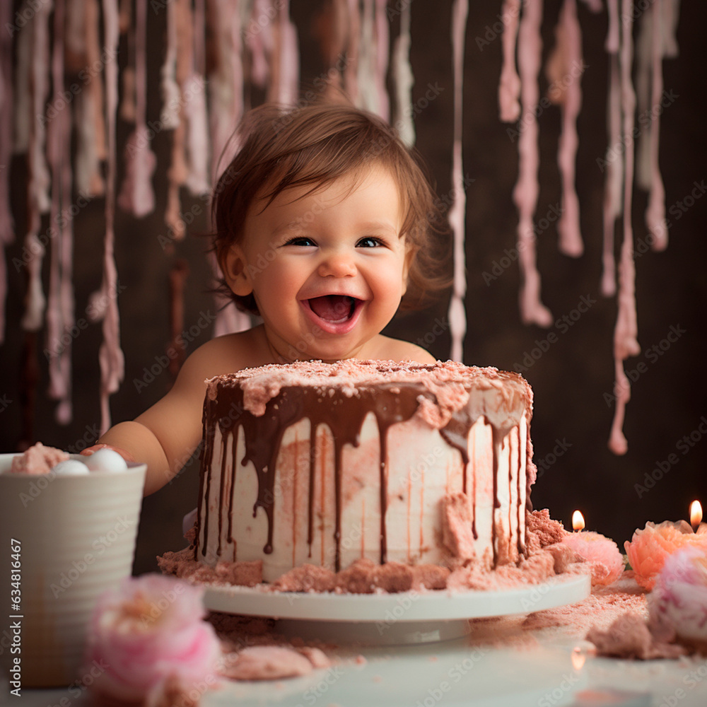 AI Generated: happy baby playing with cake, smash cake photo illustration