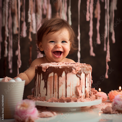 Obraz na płótnie AI Generated: happy baby playing with cake, smash cake photo illustration w salonie