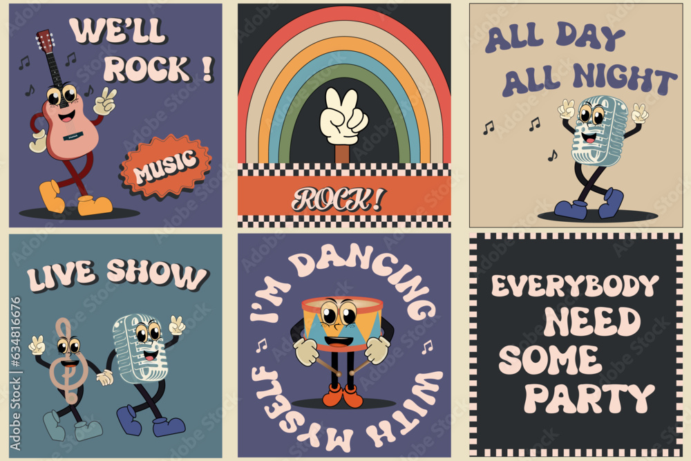 Retro groovy rock music style party sticker or label or badge set with vintage cartoon characters and guitar and lettering for live music event isolated on black background. Vector illustration Retro groovy rock music style party sticker or label or badge set with vintage cartoon characters and guitar and lettering for live music event isolated on black background. Vector illustration
