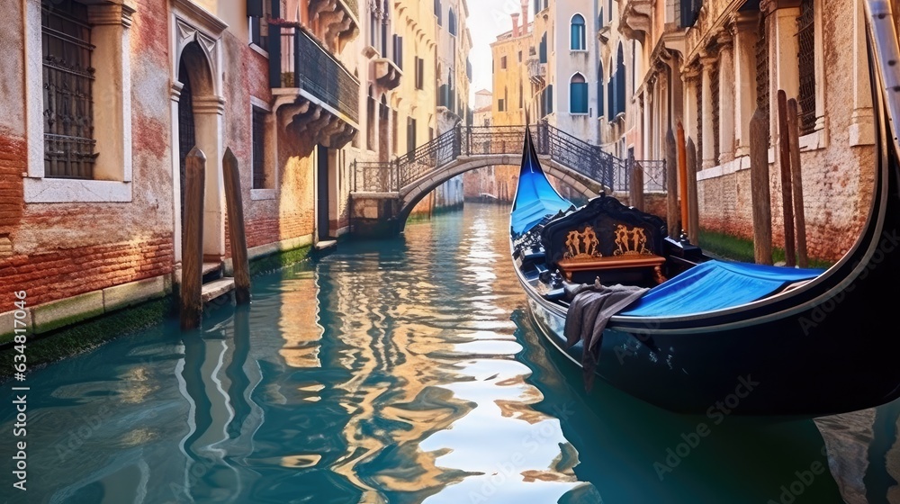 Gondola gliding through the canals of Venice. Generative AI