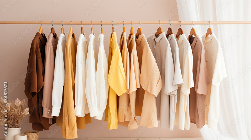 Modern fashionable clothes on hangers on a rack in the room