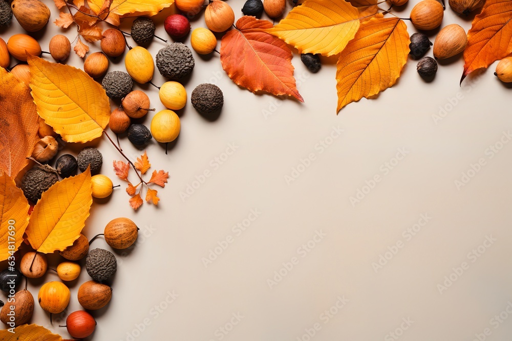 Flat lay autumn orange leaves background with copy space