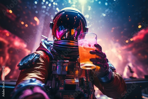 Fotografiet Astronaut in a space suit and helmet at a rave club with a glass of cocktail nea