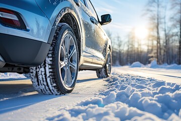 Side view on a gray car with winter tires on a snowy road