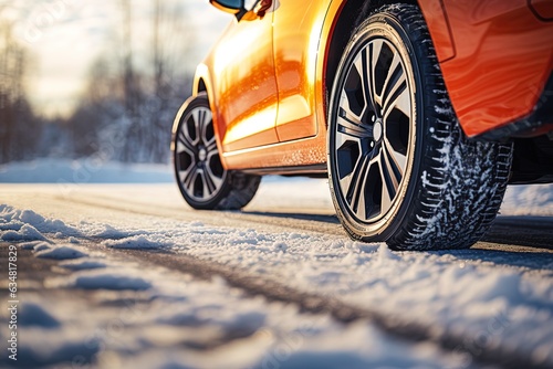 Side view of an orange car with a winter tires on a snowy road Fototapet
