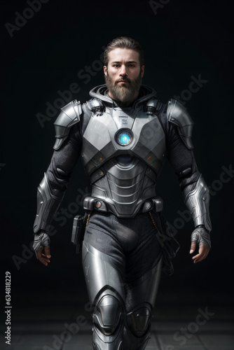 A studio photo of futuristic knight in armor walking with confidence 