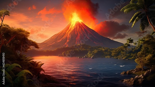 Photo a Volcano erupting on a tropical island, in a horizontal format, in an Environmental-themed image as a JPG