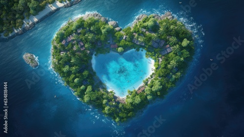 an Aerial top view of a heart-shaped Island  in an Azure sea surrounded by emerald waters  lush tropical foliage with an inner lagoon and beach in a Paradise-themed image. generative AI