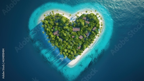 an Aerial top view of a heart-shaped Island, in an Azure sea surrounded by emerald waters and lush tropical foliage with an inner lagoon and beach in a Paradise-themed image. generative AI