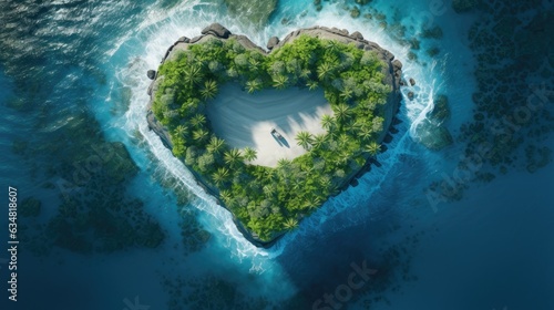 an Aerial top view of a heart-shaped Island, in an Azure sea surrounded by emerald waters, lush tropical foliage with an inner lagoon and beach in a Paradise-themed image. generative AI