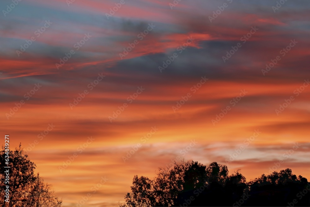 Fototapeta premium The clouds are multicolored, thunderous bizarre shapes against the blue sky