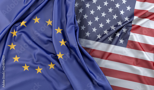Ruffled Flags of European Union and United States of America. 3D Rendering
