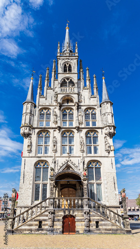 View of the city hall in Gouda, Netherlands. Zuid-Holland. Sightseeing with blue sky