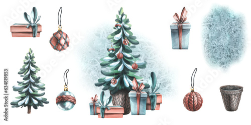 Winter, New Year's set with a Christmas tree, gifts and knitted balls. Watercolor illustration, hand drawn for stickers, cards, invitations, posters. Isolated objects on a white background.