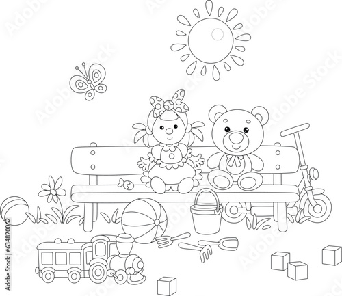 Funny toys of little kids around a small bench on a playground in a summer park on a warm sunny day, black and white outline vector cartoon illustration for a coloring book