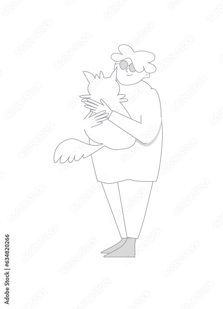 Happy old lady with a dog in her arms. Line art. Vector illustration. Isolated on white Happy old lady with a dog in her arms. Line art. Vector illustration. Isolated on white