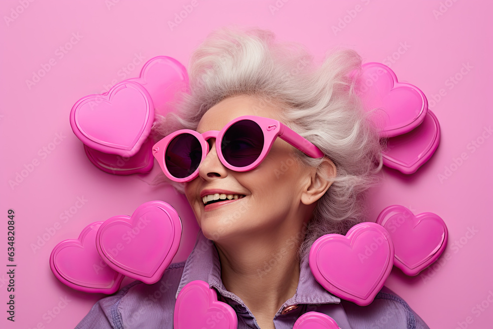 Old woman in pink glasses with pink heart - obrazy, fototapety, plakaty 