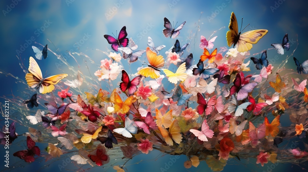  a bunch of colorful butterflies flying in the air with a blue background.  generative ai
