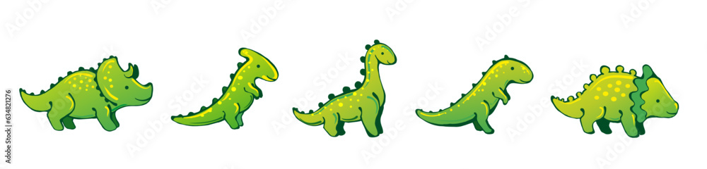 Obraz premium Set of cute cartoon dinosaurs. Colourful wild creatures, prehistoric predators. Funny baby dinosaurs stickers. Brontosaurus, Triceratops, Tirex, Tyrannosaurus. Palaeontology vector elements.