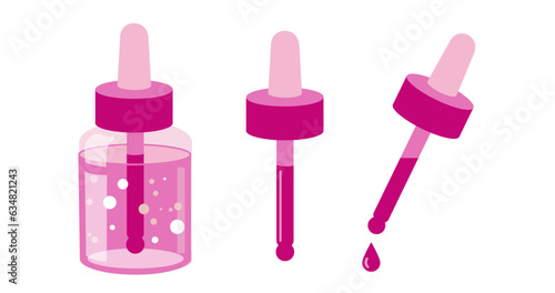 Dropper bottle with pipette isolated on white background. Simple vector graphics. Skin care device: drops and a bottle of facial serum or rose oil. Cosmetic beauty product vector graphics.
