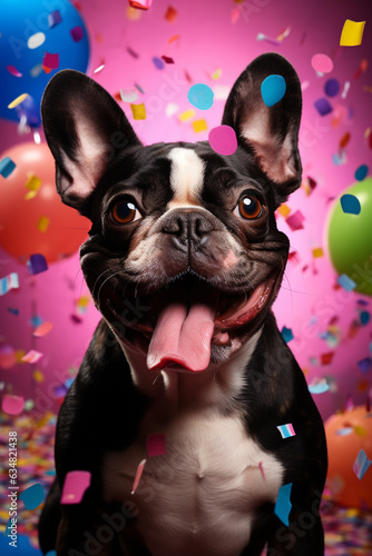 fröhliche französische Bulldoge mit bunten Luftballons und buntem Konfetti in Partystimmung. Portrait. Hochkant. Hochformat. Generative Ai. © Michael