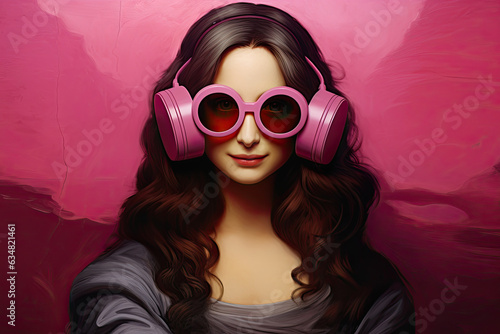 Brunette woman with pink headphones and pink glasses