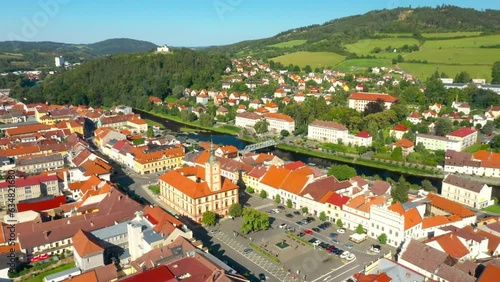 Aerial view of the historic center of Susice. The city was built in the Middle Ages around the gold-bearing river Otava. photo