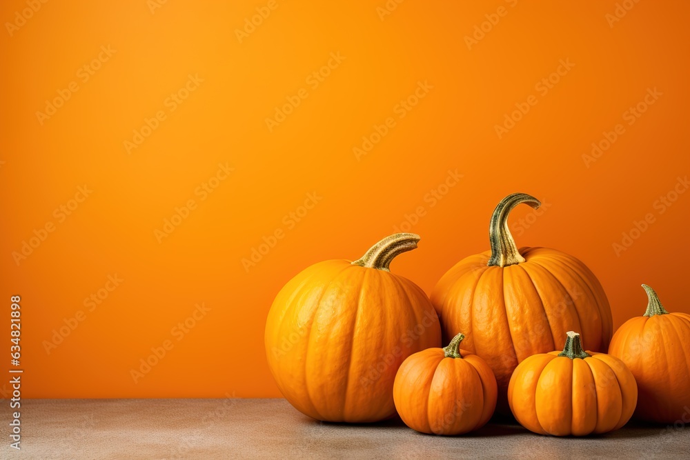 pumpkins on bright orange background with copy space, Happy Halloween concept, autumn holiday and harvest theme pumpkins on bright orange background with copy space, Happy Halloween concept, autumn holiday and harvest theme