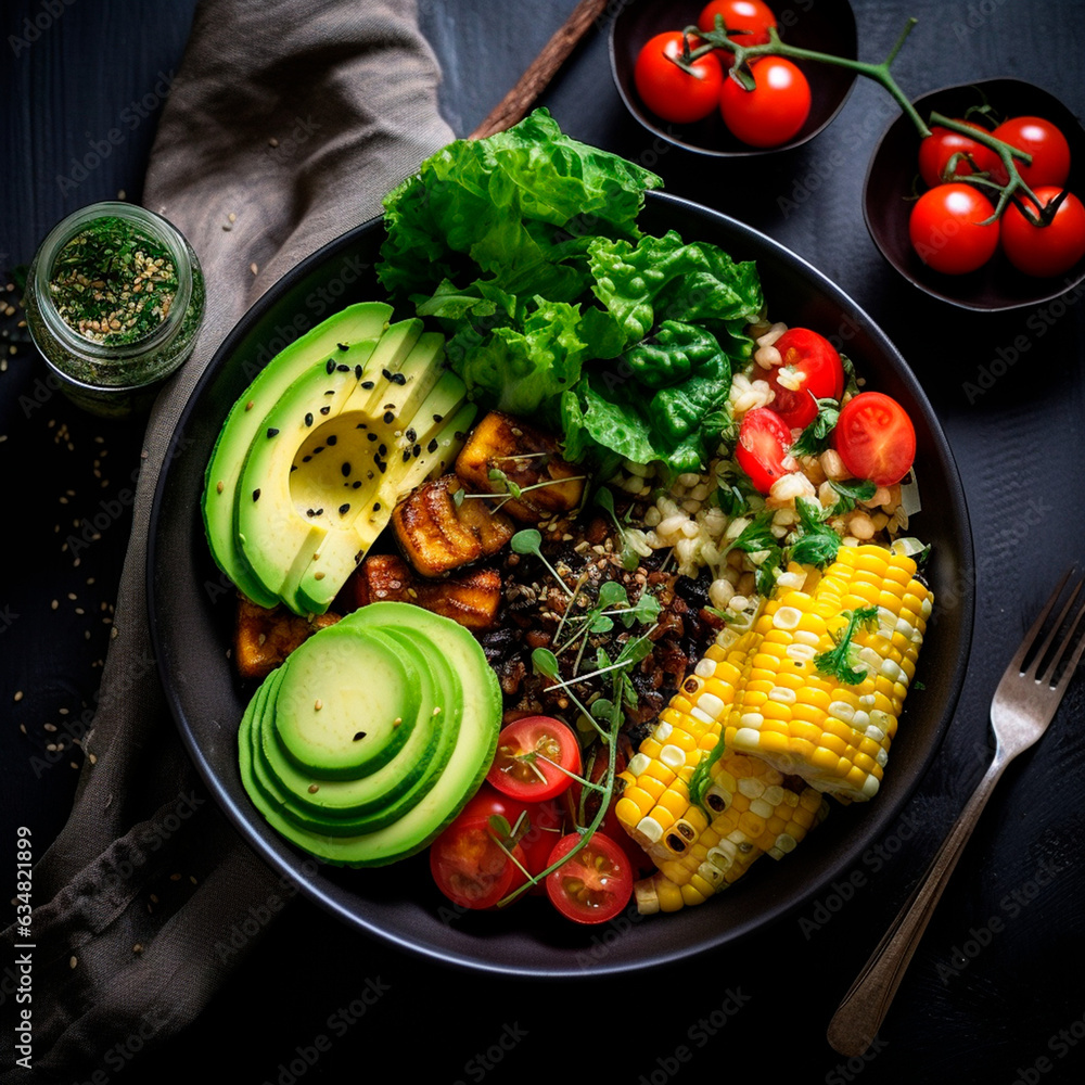 AI generated: Delicious modern vegan lunch, foodie style. Vegan lunch plate.