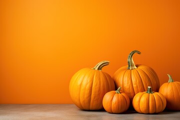 pumpkins on bright orange background with copy space, Happy Halloween concept, autumn holiday and harvest theme