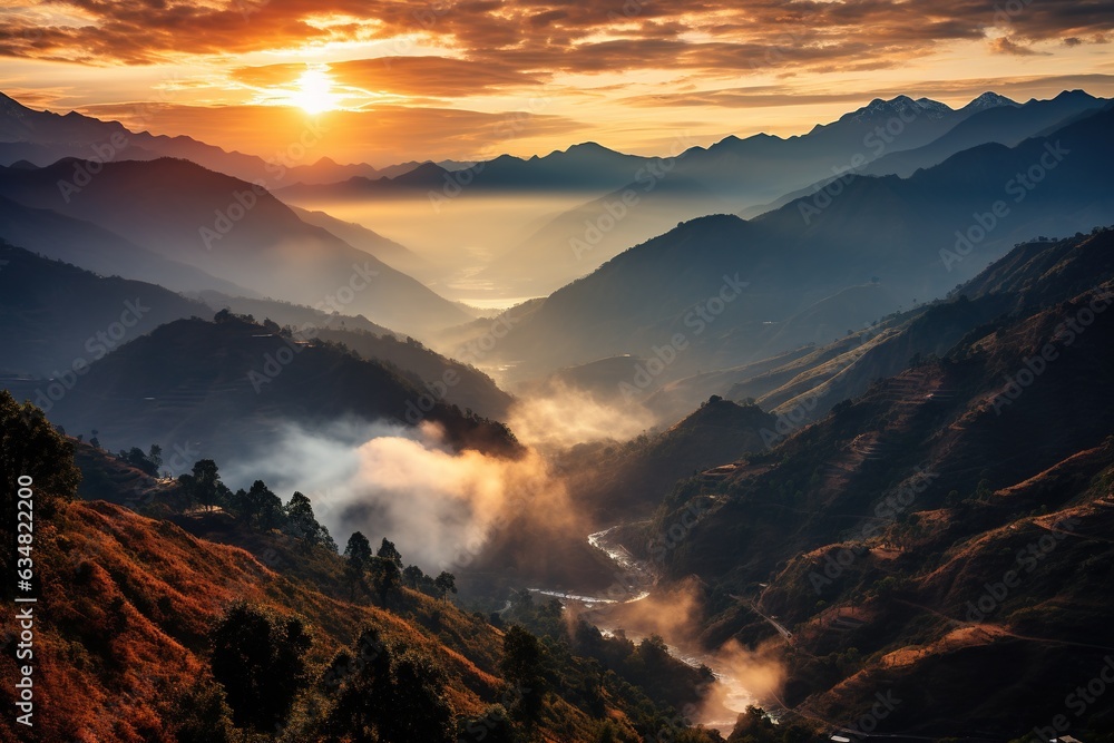 beautiful landscape fog sunset or sunrise in the mountains with river aerial view
