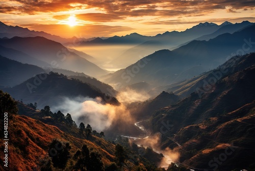 beautiful landscape fog sunset or sunrise in the mountains with river aerial view