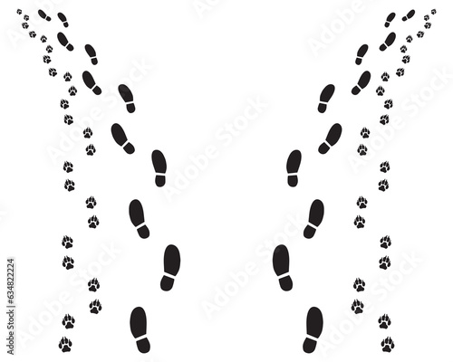 Black footprints of man and dog, turn left or right