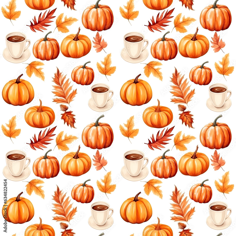 seamless pattern hand painted orange pumpkin, coffee latte, red autumn leaves, brown leaves, yellow leaves on white background. Perfect for textile, wedding, greeting card, pattern, texture and more seamless pattern hand painted orange pumpkin, coffee latte, red autumn leaves, brown leaves, yellow leaves on white background. Perfect for textile, wedding, greeting card, pattern, texture and more