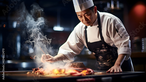 japanese chef Make grilled meat with vegetables, Teppanyaki, japanese cuisine, close up, black background