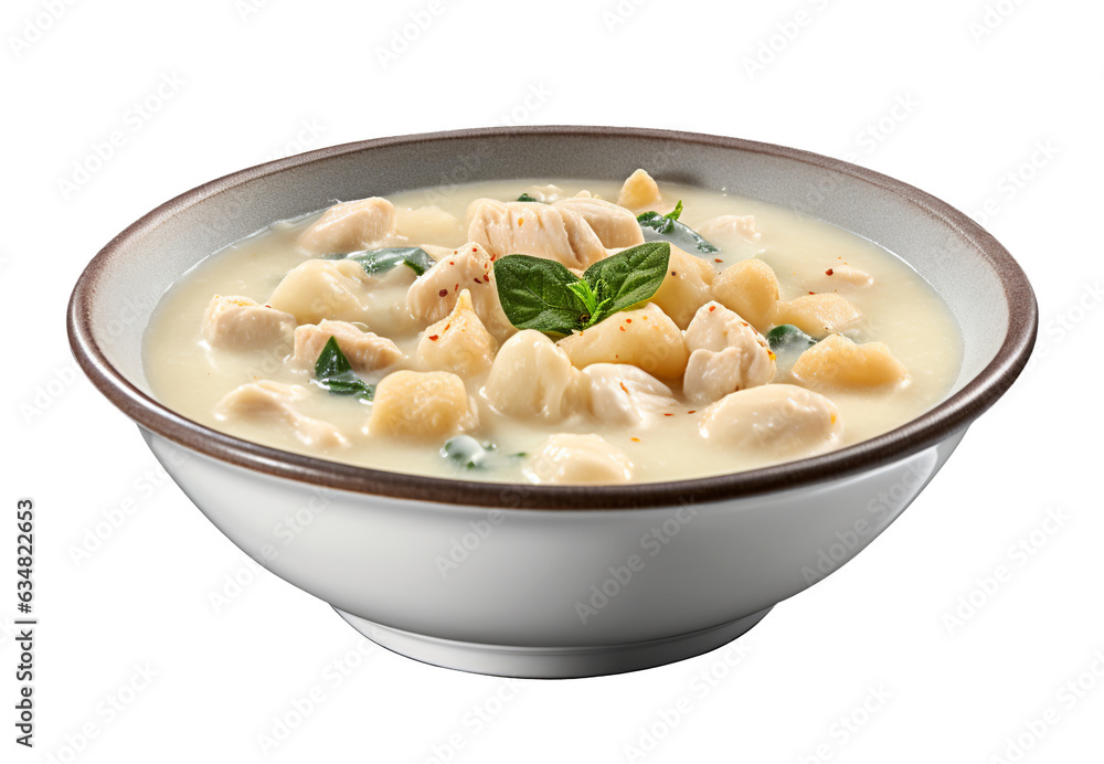 Chicken gnocchi soup on transparent background. Generative AI. Chicken gnocchi soup on transparent background. Generative AI.